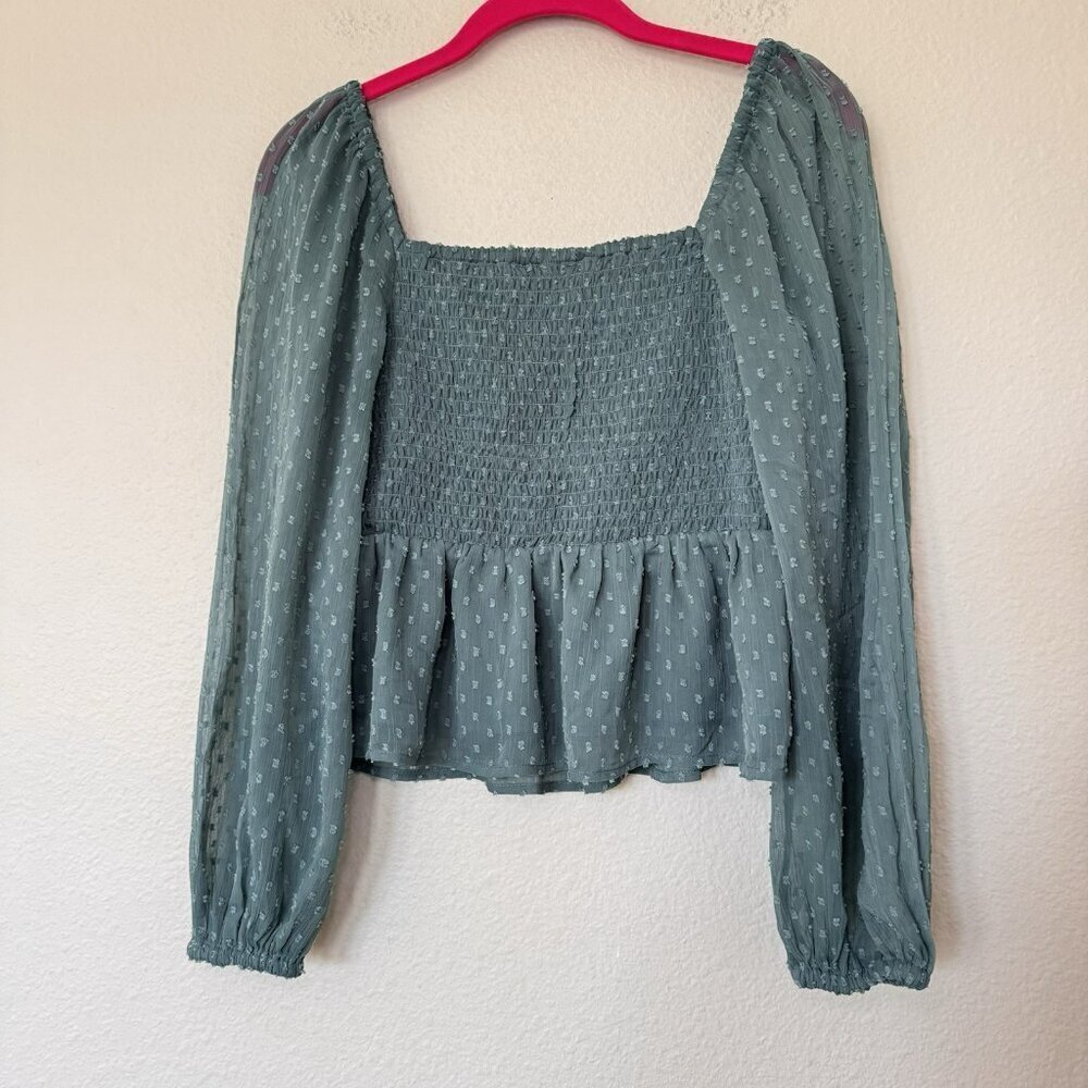 American Eagle Green Smocked Peplum Top Long Sheer Sleeve Size Small - Picture 4 of 4